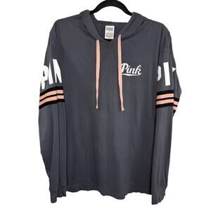 Victoria’s Secret PINK Gray Varsity Stripe Lightweight Hoodie Long Sleeve Top S‎